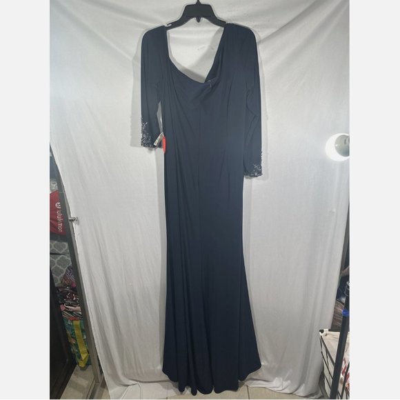 NWT Mac Duggal [ Plus 18W ] Ruched‎ One-Shoulder Long-Sleeve Gown Blue - Picture 9 of 16